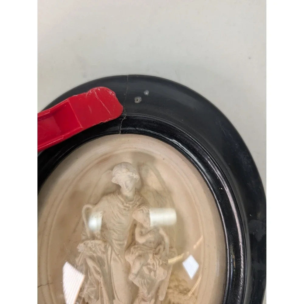 Vintage Guardian Angel Child Oval Relief Wall Plaque Black Frame Christian Decor